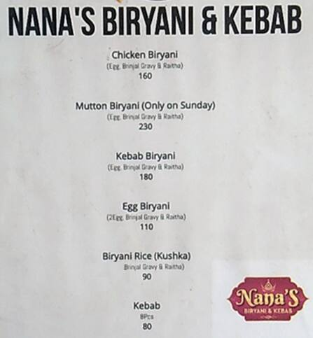 Nana's Biryani & Kebab menu 