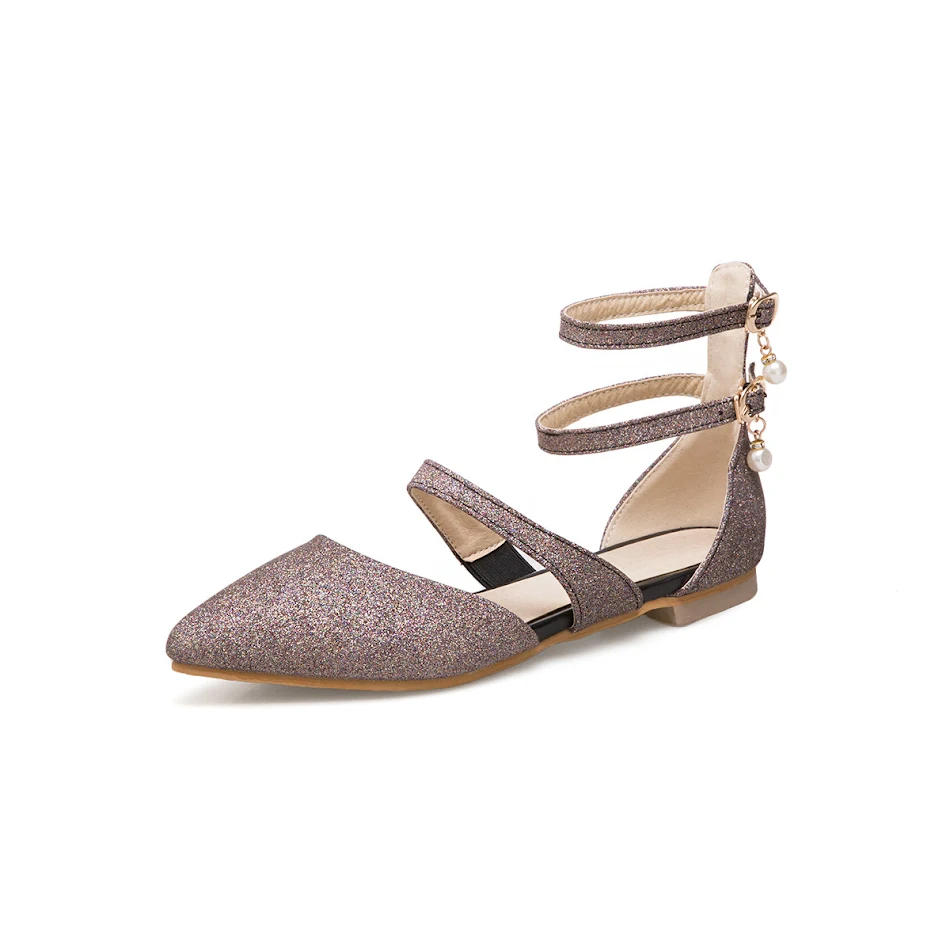 Zapatos planos de mujer Bailarinas con correa en el tobillo y purpurina brillante, perfectos para un look elegante y cómodo en cualquier ocasión.