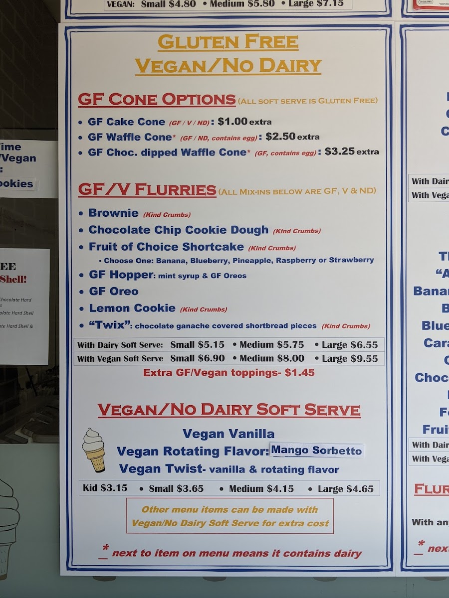 Frosty Boy gluten-free menu