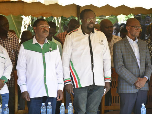 Ford Kenya party leaders Chris Wamalwa, Moses Wetang’ula, Wafula Wamunyinyi and Eseli Simiyu at a funeral in Musikoma Ward, Kanduyi constituency on Friday, January 11, 2019. /BRIAN OJAMAA