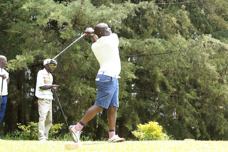 John Omanwa in action during the Kecoso curtain raiser golf tournament at Kisii Sports Club.