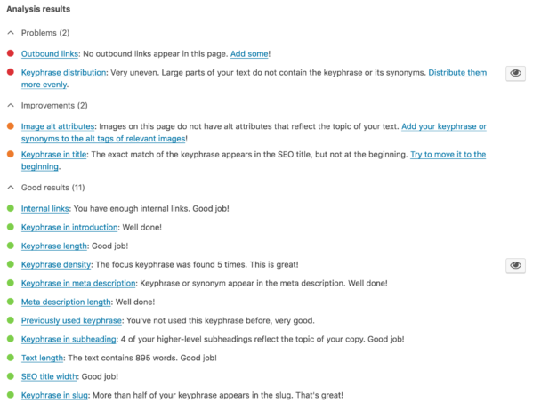 Yoast Analysis results showing SEO problems, area of improvement, and good results