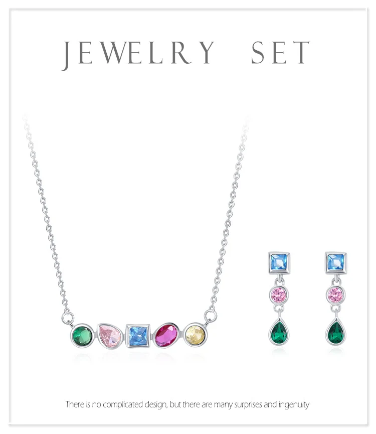 Collier et boucles d'oreilles carrés en argent S925, design géométrique zircon arc-en-ciel. Un ensemble élégant pour sublimer votre tenue.
