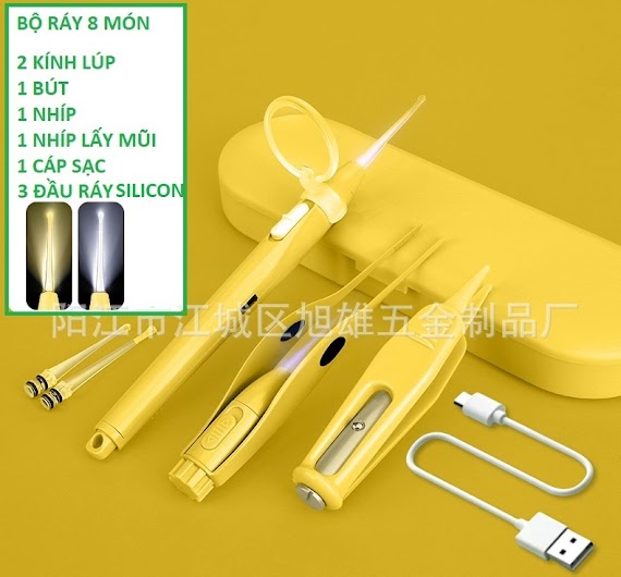 (Pin Sạc ) Bộ Ráy Tai Lấy Mũi Có Đèn Xài Pin Sạc 8 Món Full Box - Bộ Dụng Cụ Lấy Ráy Tai + Nhíp Có Đèn Led Siêu Sáng - Chăm Sóc Tai Cao Cấp Dành Cho Bé Yêu - Cho Mọi Gia Đình - 