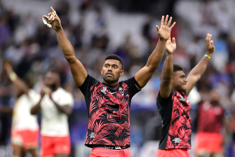 Ilaisa Droasese of Fiji shows appreciation to the fans at full time of their 2023 Rugby World Cup quarterfinal defeat against England at Stade Velodrome in Marseille on Sunday.