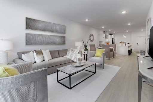 Modern living room with grey sofa and coffee table - Prestige apartment / penthouse for rent in Franklin Lakes, 2 bedrooms