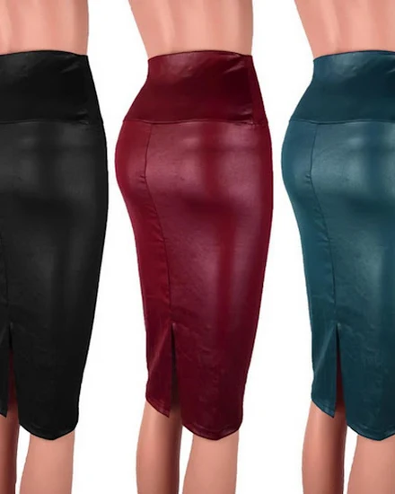 Leather Skirt Back Split Women Sexy Bodycon Pencil Skirt ... - 0