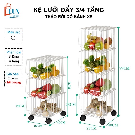 Kệ Sắt Đa Năng 3/4 Tầng Tháo Rời Có Nắp Đậy Tiện Dụng, Giá Kệ Nhà Bếp Có Bánh Xe Di Chuyển Dễ Dàng