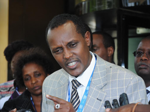 Ethics and Anti-Corruption Commission CEO Halakhe Waqo addresses media outside Integrity Centre. photo/PATRICK VIDIJA