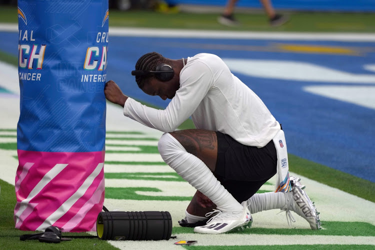 Las Vegas Raiders wide receiver Henry Ruggs III (11) reacts before a game against the Los Angeles Chargers at SoFi Stadium. Mandatory Credit: Kirby Lee-USA