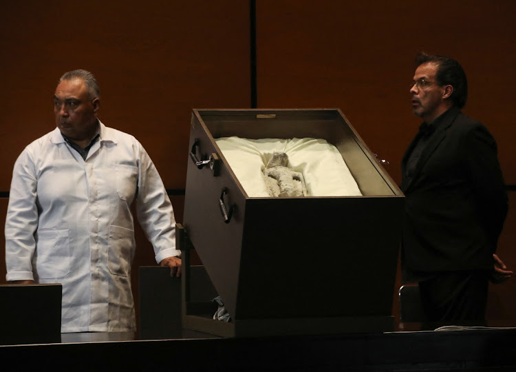 Remains of an allegedly 'non-human' being is seen on display during a briefing on unidentified flying objects, known as UFOs, at the San Lazaro legislative palace, in Mexico City, Mexico September 12, 2023.