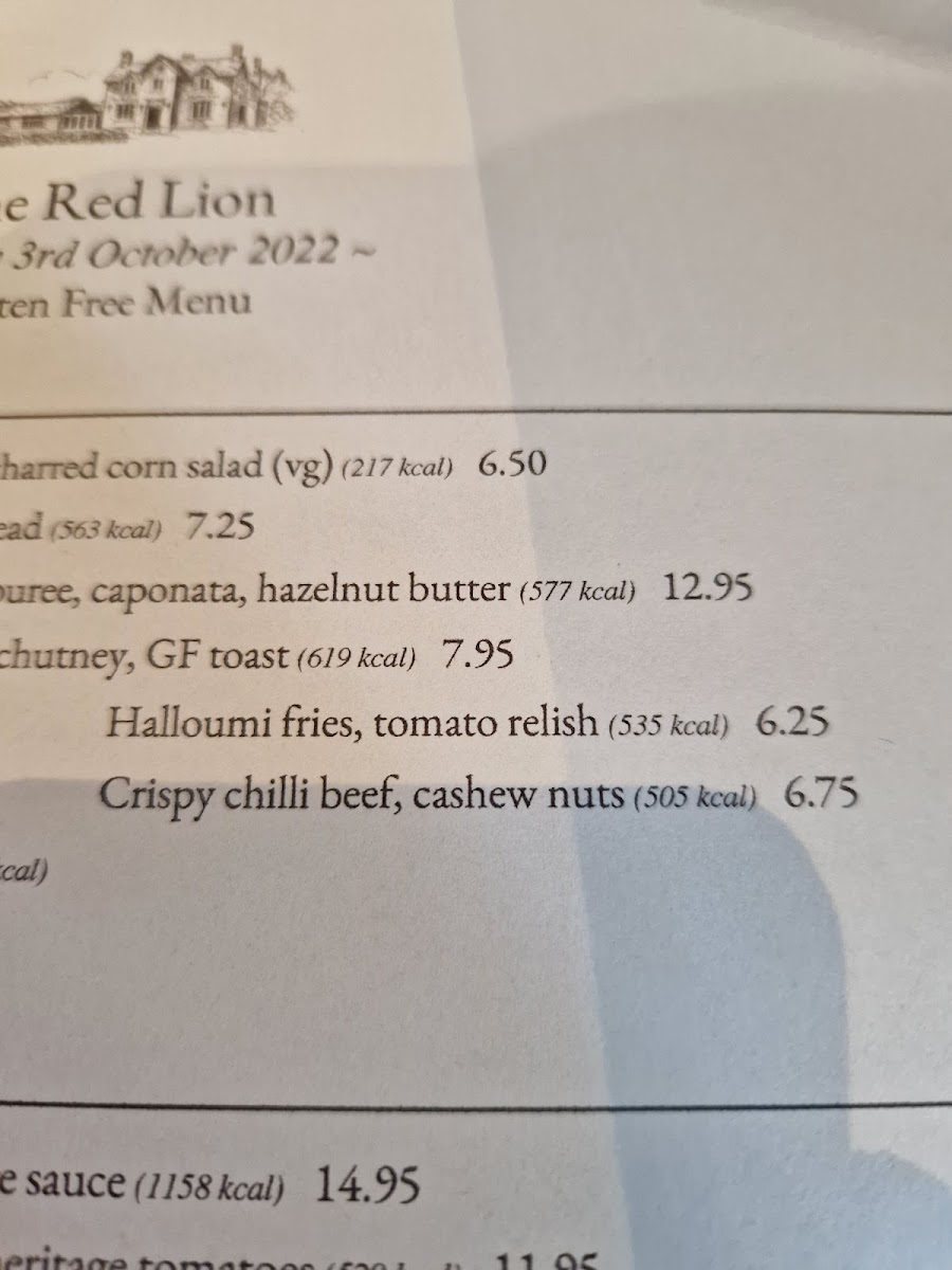 The Red Lion gluten-free menu