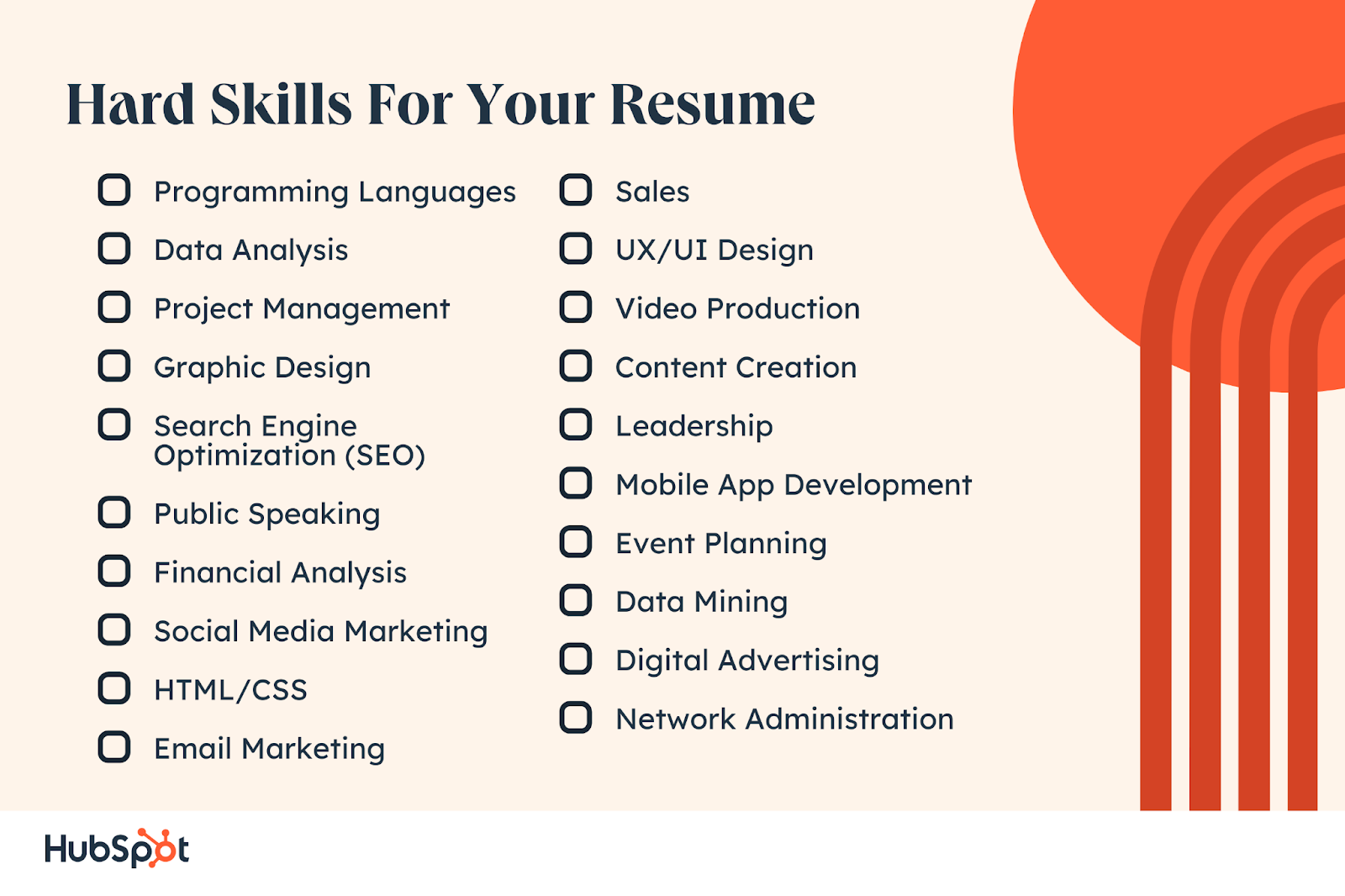 hard skills for your resume. Programming Languages. Data Analysis. Project Management Graphic Design. Search Engine Optimization (SEO). Public Speaking. Sales. UX/UI Design. Video Production. Content Creation. Leadership. Mobile App Development. Financial Analysis. Social Media Marketing. HTML/CSS. Email Marketing. Event Planning. Data Mining. Digital Advertising. Network Administration.