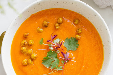 CARROT, SWEET POTATO + CORIANDER SOUP W/ ROASTED TURMERIC CHICKPEAS