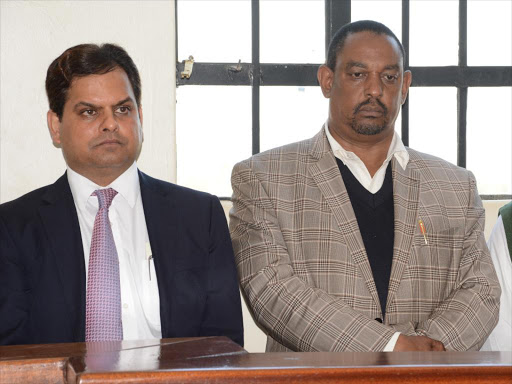 Perry Manusukh and his co-accused Johnson Njuguna at the Naivasha law courts on August 3, 2018. /GEORGE MURAGE