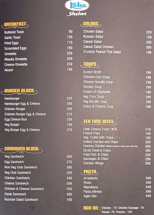 Kobe Sizzlers menu 