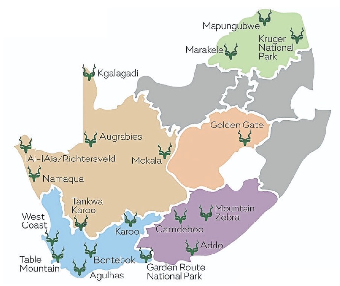 Map of SA's national parks.