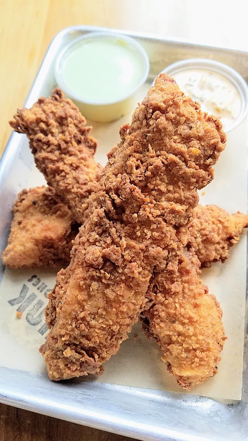 Bunk Bar at Water Ave, Buttermilk Fried Chicken Strips, boneless breast strips served up with ranch and remoulade sauces