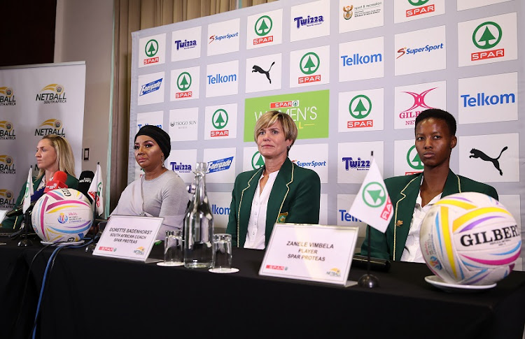 Protea player Erin Burger, President of Netball South Africa Cecilia Molokwane; South African coach Dorette Badenhorst and Zanele Vimbela at the top table during the SPAR Proteas team announcement for Netball World Cup in Liverpool at Holiday Inn, Sandton on May 22, 2019 in Johannesburg, South Africa.