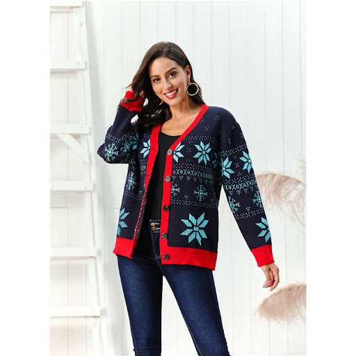 Title 5, Cardigan Christmas Snowflake Sweater Printed V-...
