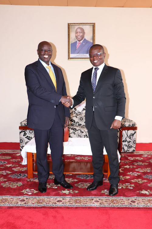 Deputy President Rigathi Gachagua with Minister for Infrastructure, Equipment, and Social Housing of the Republic of Burundi Dieudonné Dukundane in Bujumbura on December 8.