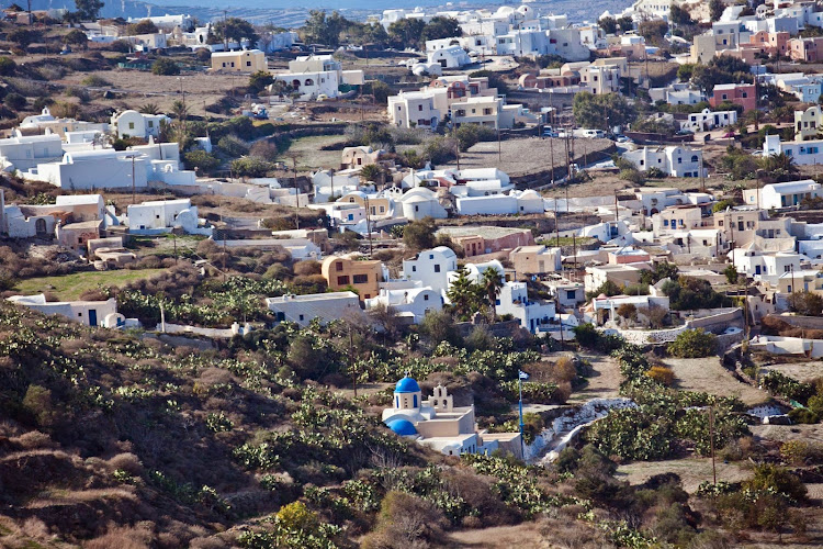 The hillsides of Santorini, north of the capital of Fira. 