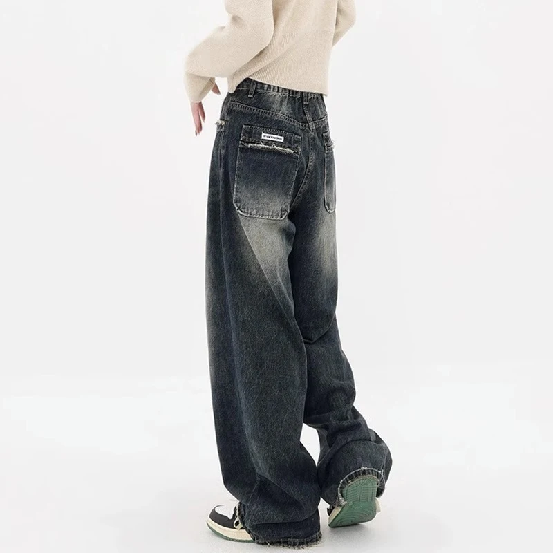 Jeans anchos de mujer de talla grande, cintura alta, rectos, sueltos y adelgazantes para un look cómodo y elegante.
