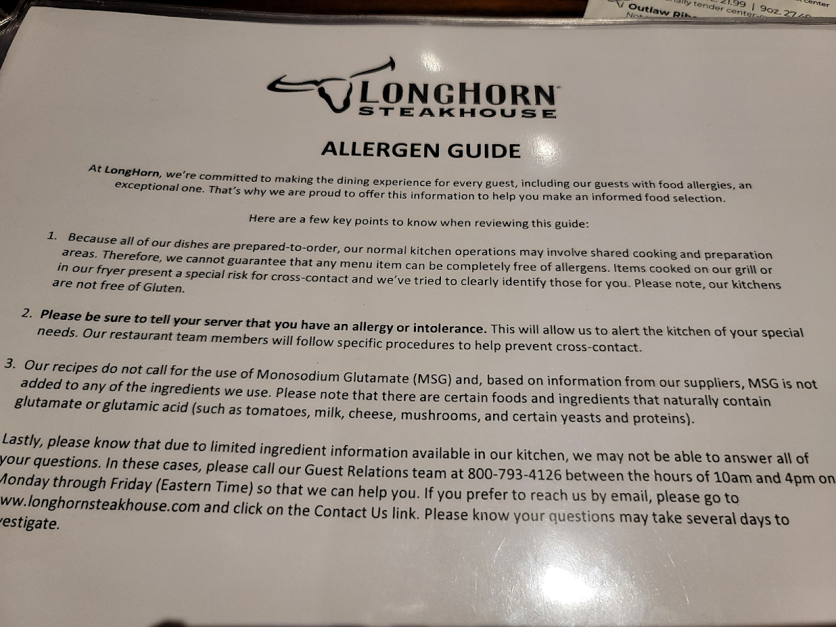 LongHorn Steakhouse gluten-free menu