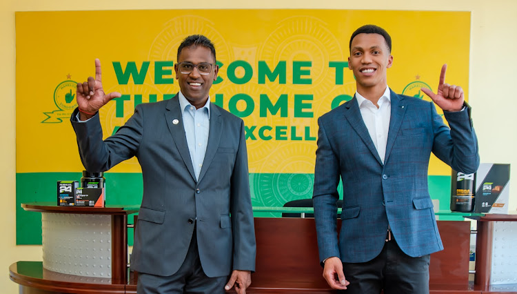 Thilo Naidoo of Herbalife Nutrition and Mamelodi Sundowns chairman Tlhopie Motsepe during the announcement.