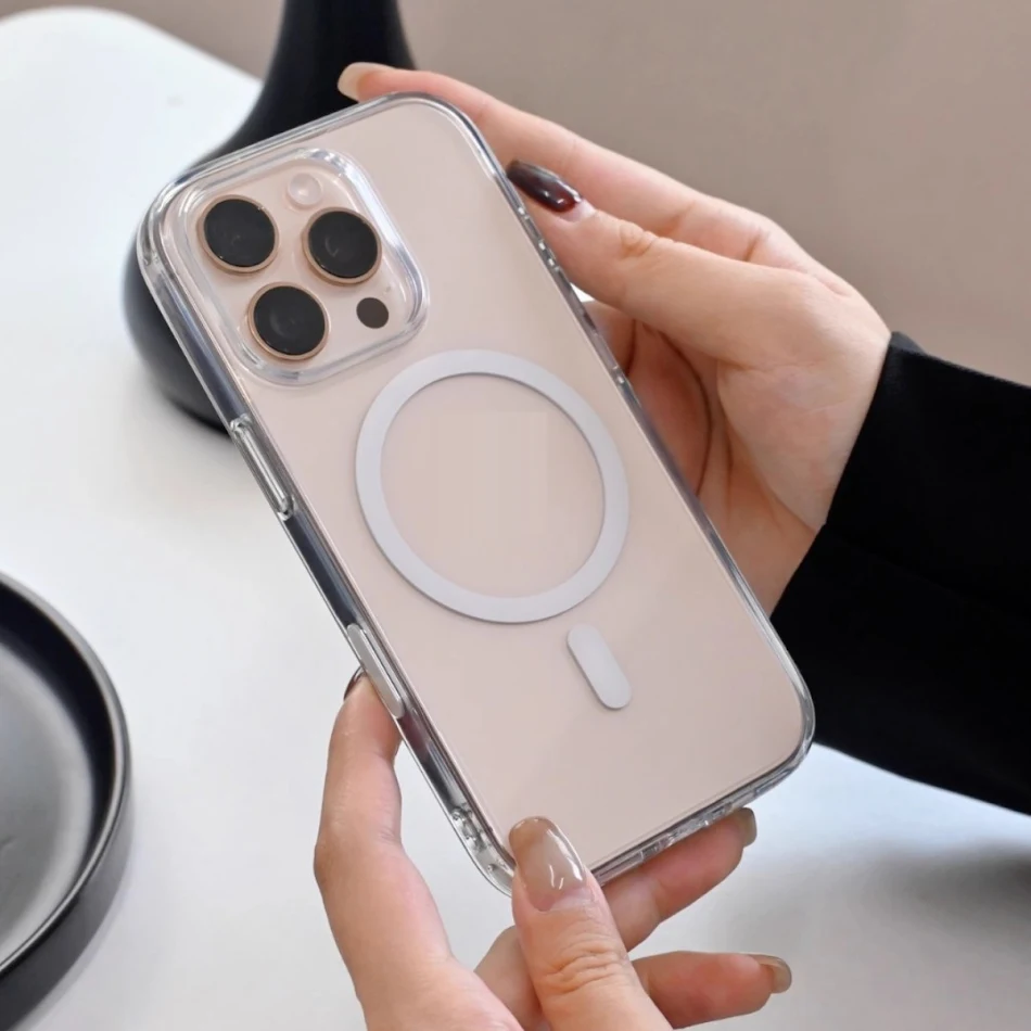 Capa magnética transparente com botão de capacitor para fotos, protetora para celular. Proteção e praticidade em um design elegante e funcional.