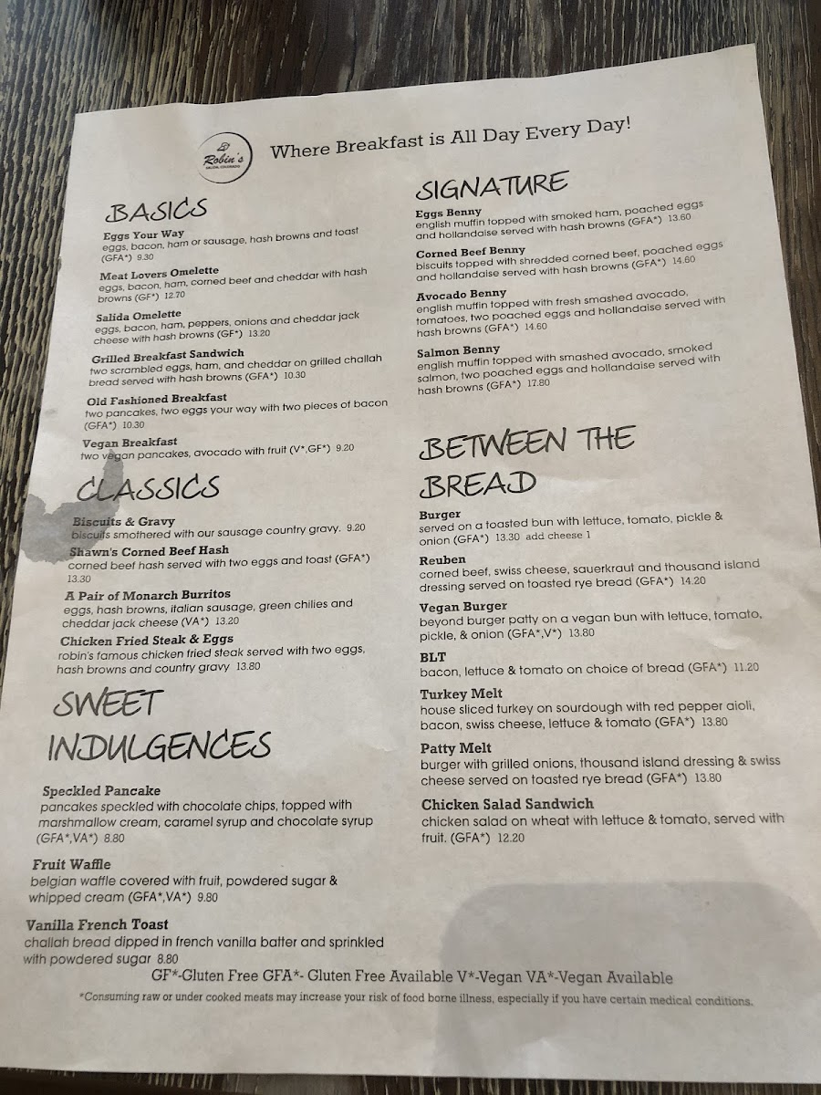 Robin's in Salida gluten-free menu