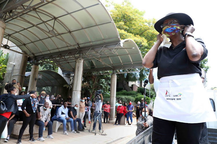 Journalist Sophie Mokoena addressing striking SABC employees during a lunch-time picket outside the Auckland Park offices. SABC employees have been on strike since last week after they were served with retrenchment letters. Photo Thulani Mbele.