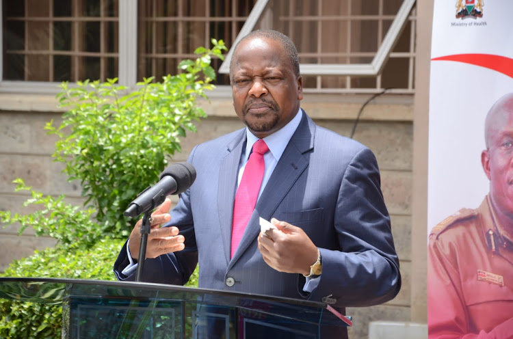 Health CS Mutahi Kagwe at the launch of official sensitization of blood donation drive which will accumulate during valentine period at Kenya National blood transfusion centre, Nairobi on February 10th 2021./DOUGLAS OKIDDY