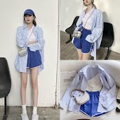 Set Áo Sơ Mi Suông Rộng Kẻ Sọc Pastel + Áo Croptop Thun Dây 1 Vai + Quần Ngắn Shorts Ống Rộng Lưng Cao Xanh Dương Đi Chơi Đi Biển Dạo Phố