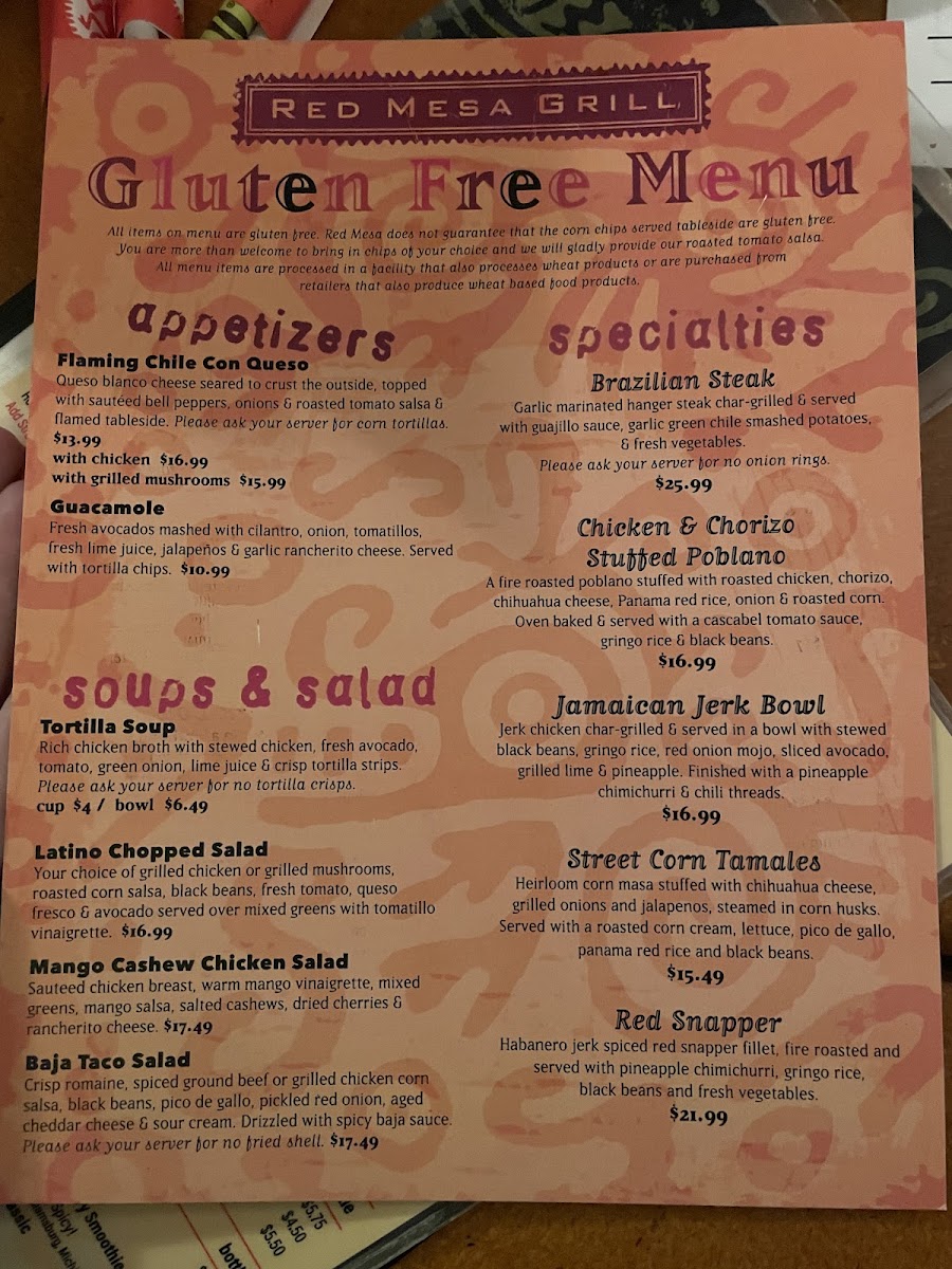 Red Mesa Grill gluten-free menu