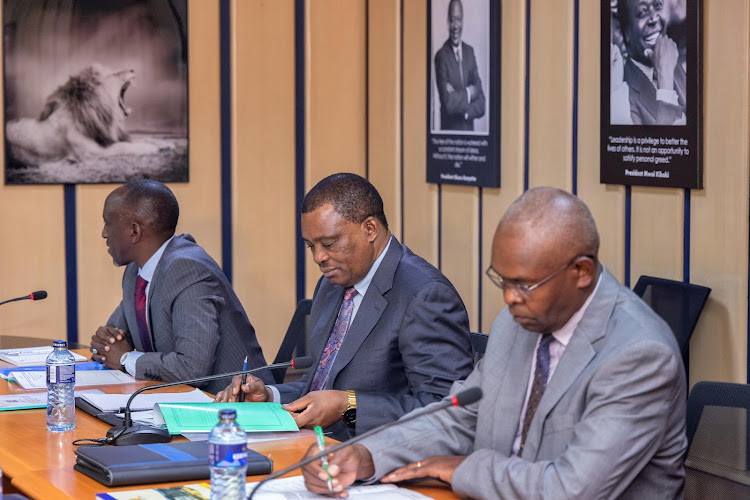 Director General, Financial Reporting Centre Saitoti Malaika (left) Attorney General Justin Muturi (centre) and CBK Governor Dr Kamau Thugge attending the 2nd Quarterly Meeting (2024) of the Counter Terrorism Financing Inter-Ministerial Committee chaired by Interior CS Kithure Kindiki on May 6, 2024.