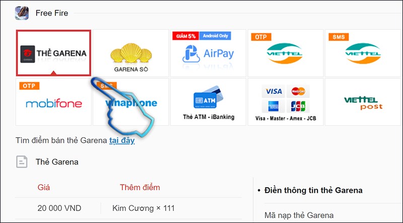 Chọn phương thức nạp thẻ qua Garena