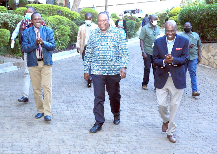 Wiper Leader Kalonzo Musyoka, President Uhuru Kenyatta and Kanu chairman Gideon Moi on March 20.