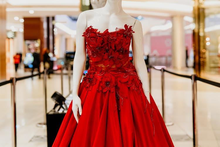 This ball gown worn by SA's Miss World 2014 Rolene Strauss is one of the celebrity dresses on display as part of the #BespokeByBiji exhibition in Sandton, Joburg.