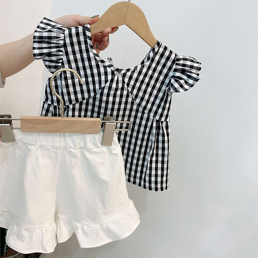 Title 5, Girls black and white plaid t-shirt set. A comf...