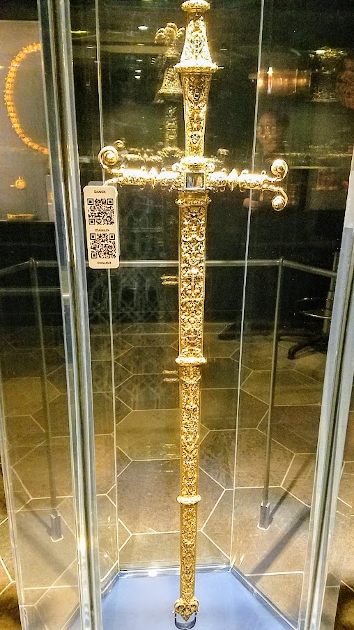 Visiting Rosenborg Castle in Copenhagen. The first Treasury room displays Christian III’s State Sword used at coronations until 1648 and a scabbard of gold with enamel and table-cut diamonds.