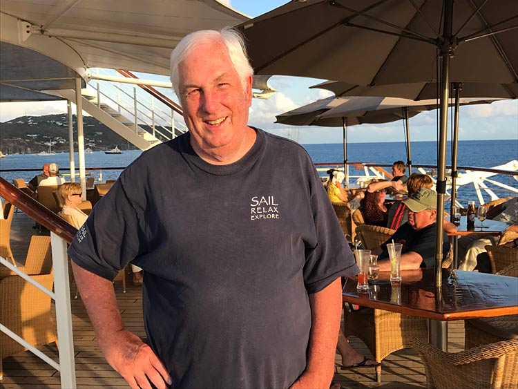 Bill Hare, 73, on the aft deck of Wind Surf during his 99th Windstar cruise in March. He's been sailing on the small-ship cruise line since the mid-1990s.