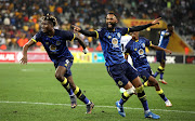 Cape Town City's Nathan Fasika (left) celebrates his goal with teammate Taariq Fielies in their DStv Premiership match against  Kaizer Chiefs at Cape Town Stadium on August 23 2022.