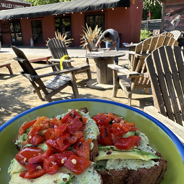 Jazzy avocado toast: Jalapeño-Cilantro Hummus, Avocado, Roasted Peppers, Olive Oil, Chili Flakes, Sea Salt on High Protein Bread. This was a large portion and very filling! Lovely outdoor seating area.