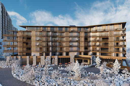 Modern building with snow-covered wooden balconies in this luxury apartment / penthouse for sale in Park City ($3,400,000)