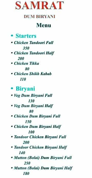 Samrat Dum Biryani & Tandoor menu 