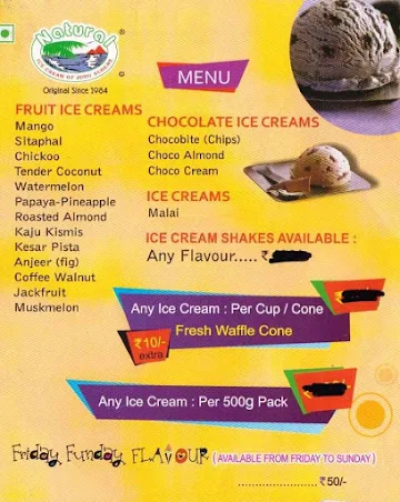 Natural Ice Cream menu 