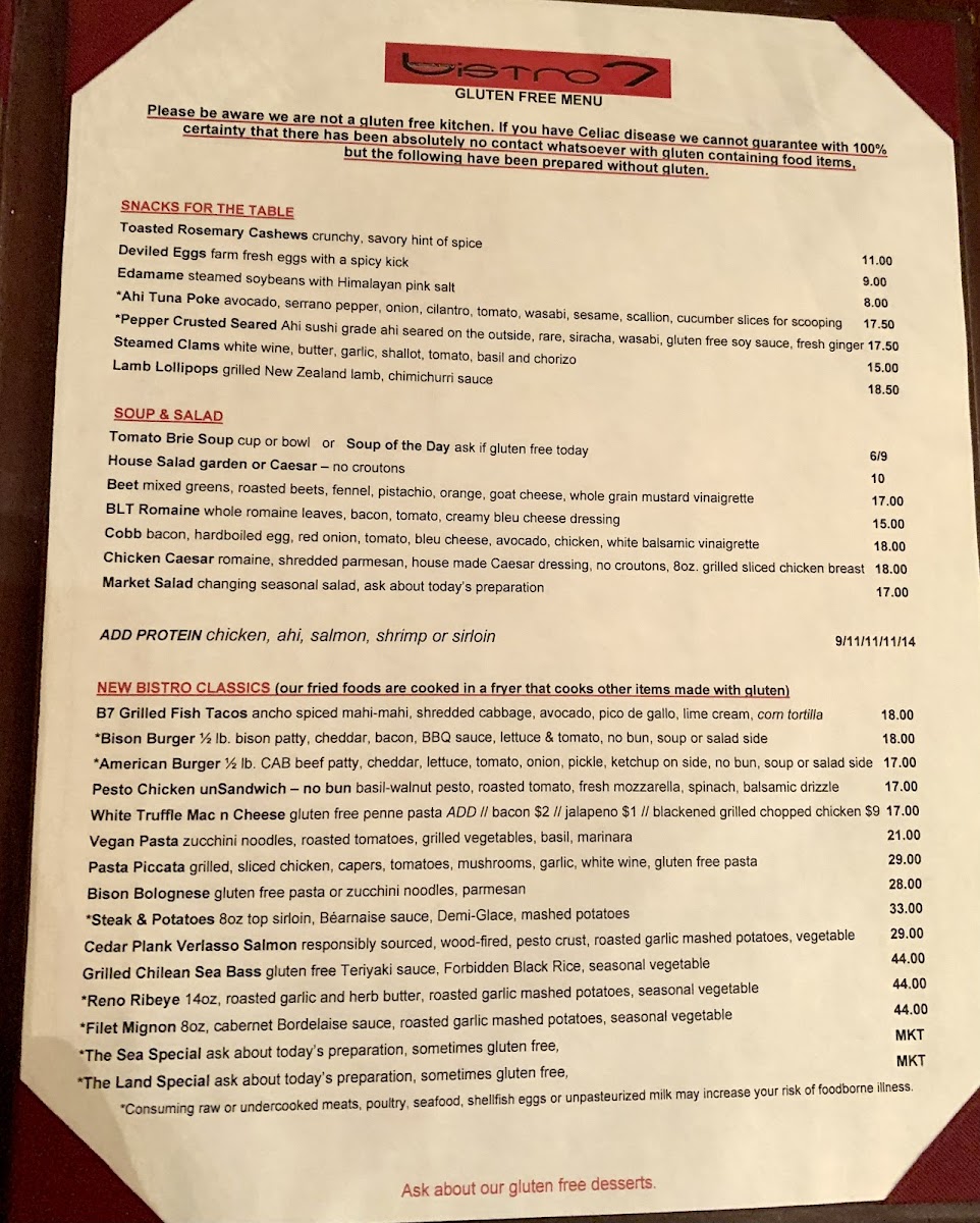 Bistro 7 gluten-free menu