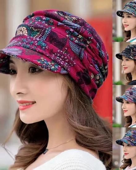 Trendy Women Floral Print Cap Cotton Keep Warm Skullies B... - 0