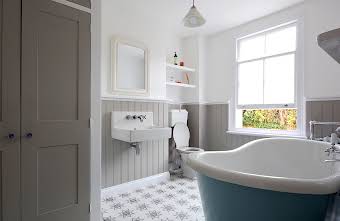 A master bath stays true to the historic style with an antique tub and matching sink. Cement tiles brings texture to the floors and wall panelling add a personalized feel. album cover